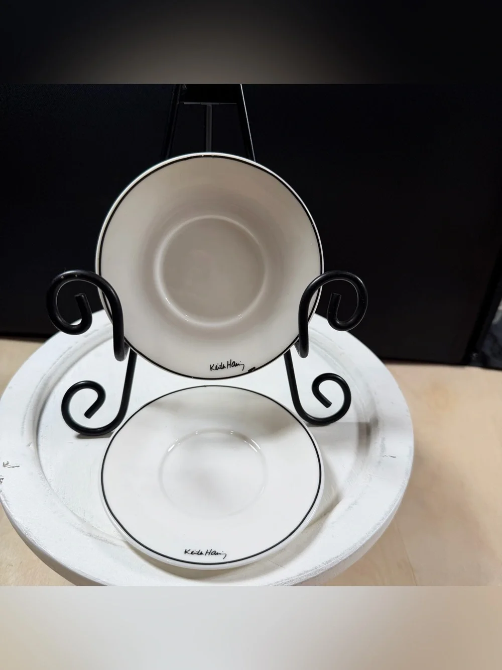 Set Of 2 Keith Haring White Porcelain Coffee Saucers With Black Rim